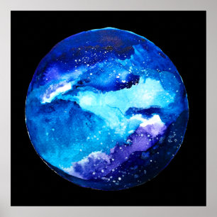 Blue planet nebula galaxy watercolor poster