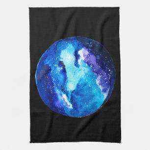 Blue planet nebula galaxy watercolor tea towel