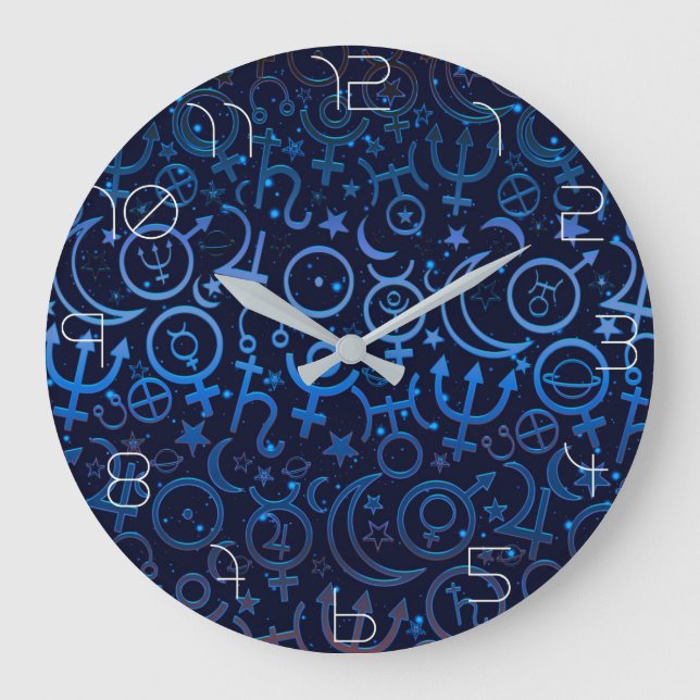 Blue Planetary Symbols Mystical Universe Planets Large Clock (Front)