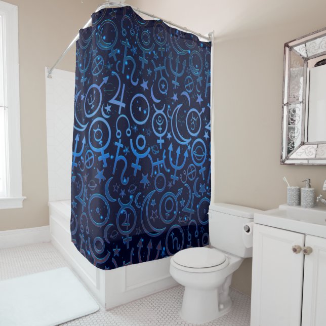 Blue Planetary Symbols Mystical Universe Planets Shower Curtain (In Situ)