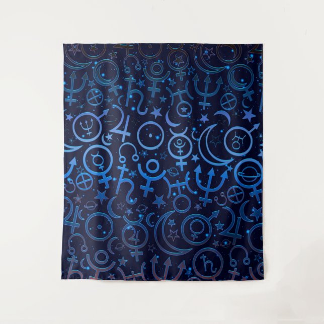 Blue Planetary Symbols Mystical Universe Planets Tapestry (Front)