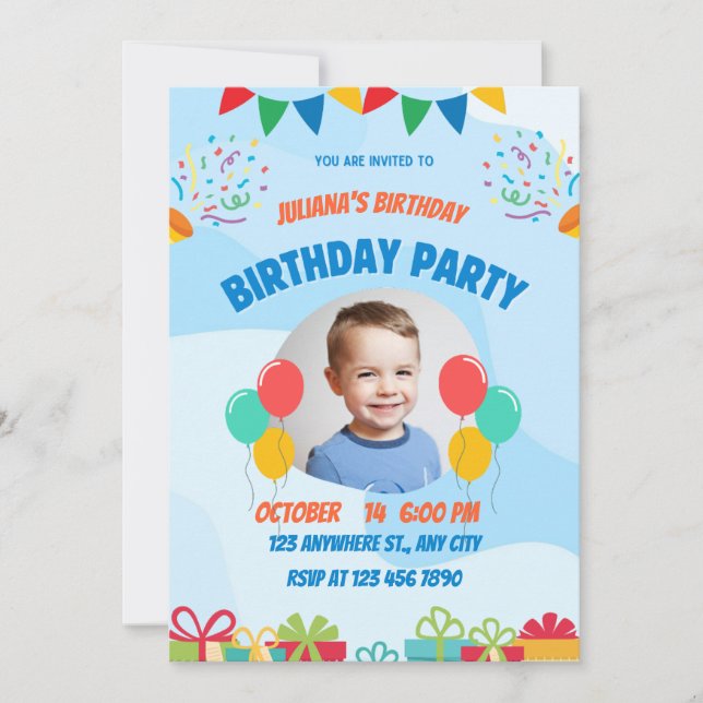 Blue Playful Little Boy Happy Birthday Party  Invitation (Front)