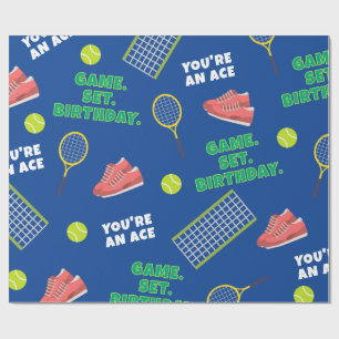  Blue Playful Tennis Racket Shoes Birthday Gift Wrapping Paper