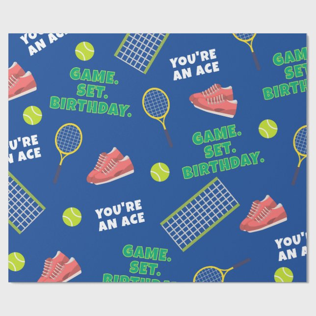 Blue Playful Tennis Racket Shoes Birthday Gift Wrapping Paper (Flat)
