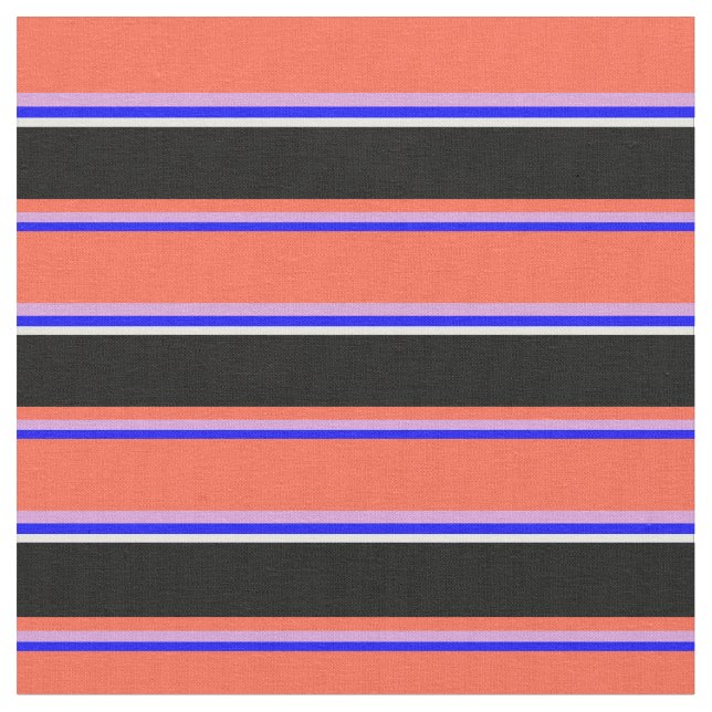 Blue, Plum, Red, Black, and White Coloured Stripes Fabric (Close Up)