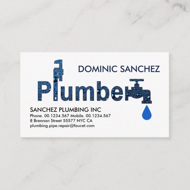 Blue Plumber Waterdrop Signage Business Card (Front)