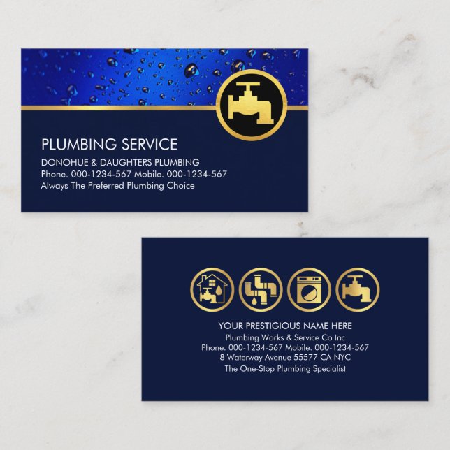Blue Plumbing Water Drops Business Card (Front/Back)