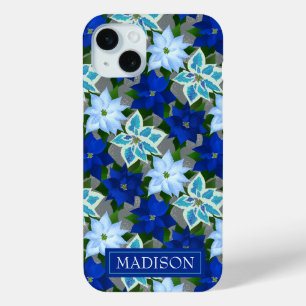 Blue Poinsettia Christmas iPhone 15 Mini Case