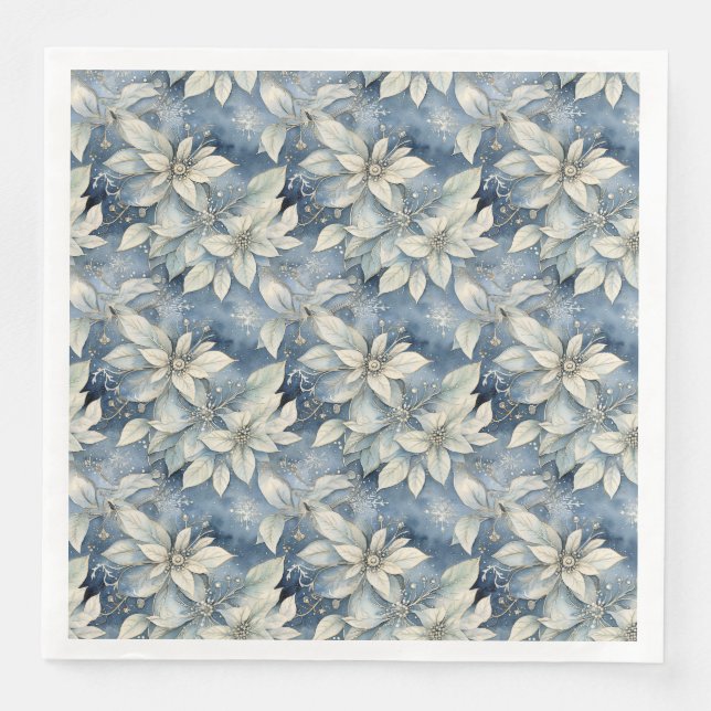 Blue Poinsettia Elegance Silver and Blue Winter Napkin (Front)