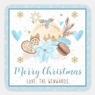 Blue Poinsettia & Festive Treats Christmas Square Sticker