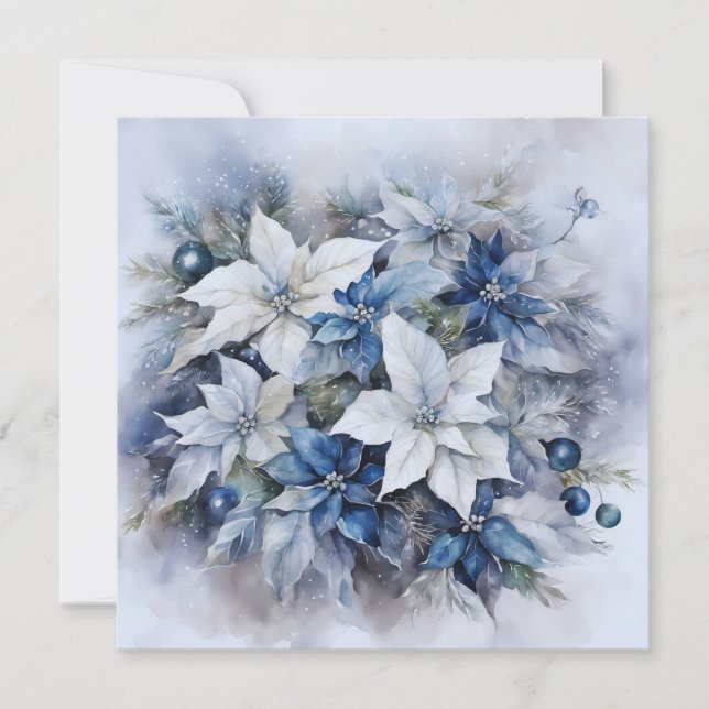 Blue Poinsettia Flowers, Christmas Ornaments Holiday Card (Front)