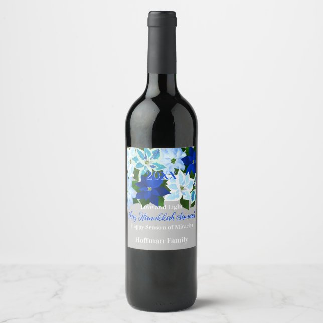 Blue Poinsettia Hanukkah Wine Label (Front)