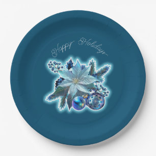 Blue Poinsettia Joy Paper Plate