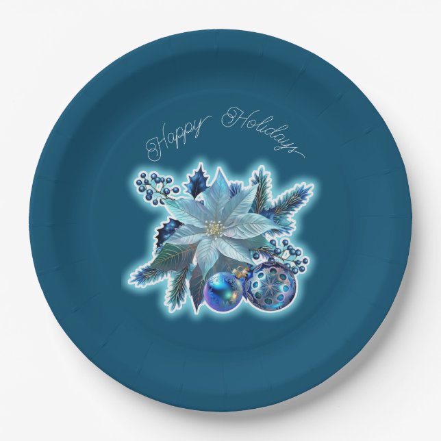 Blue Poinsettia Joy Paper Plate (Front)