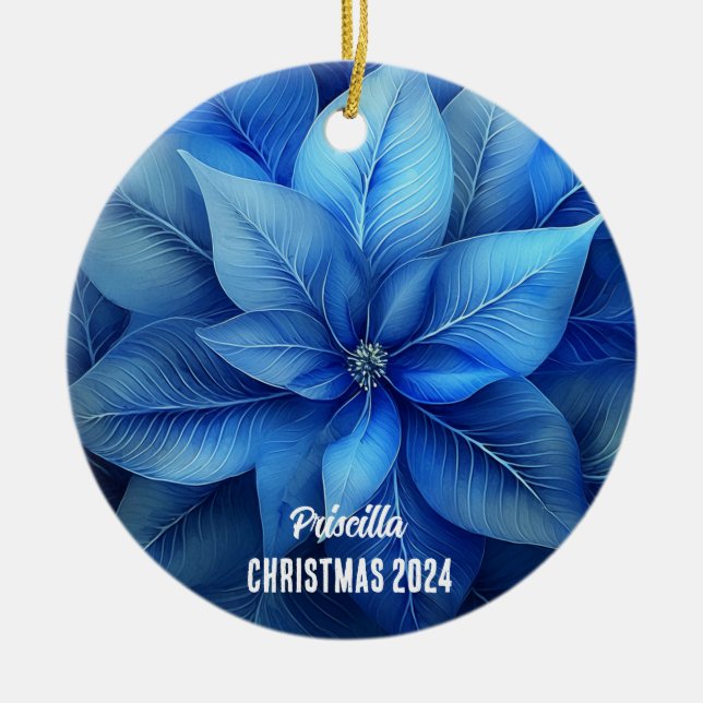 Blue Poinsettia Personalised Ornament (Front)