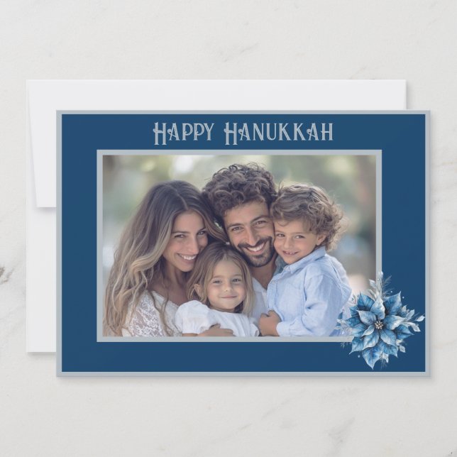 Blue Poinsettia Photo Flat Holiday Card (Front)