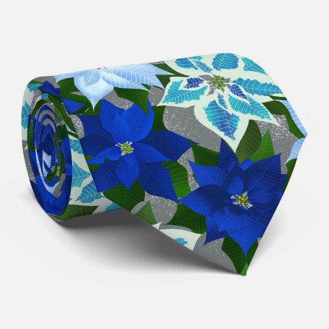Blue Poinsettia Silver Christmas Tie (Rolled)