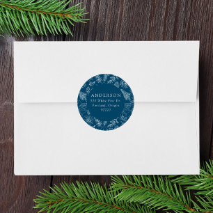 Blue Poinsettias and Pinecones Return Address Classic Round Sticker