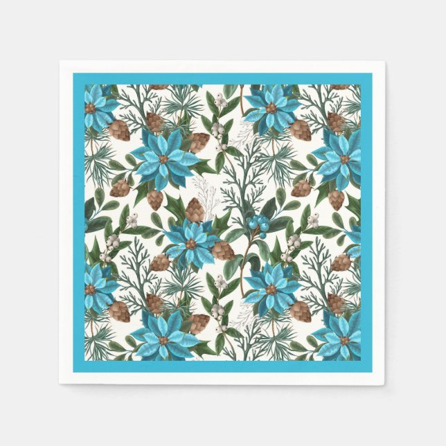 Blue Poinsettia's And Pines Napkin (Front)