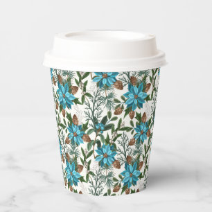 Blue Poinsettia's and Pines Paper Cups