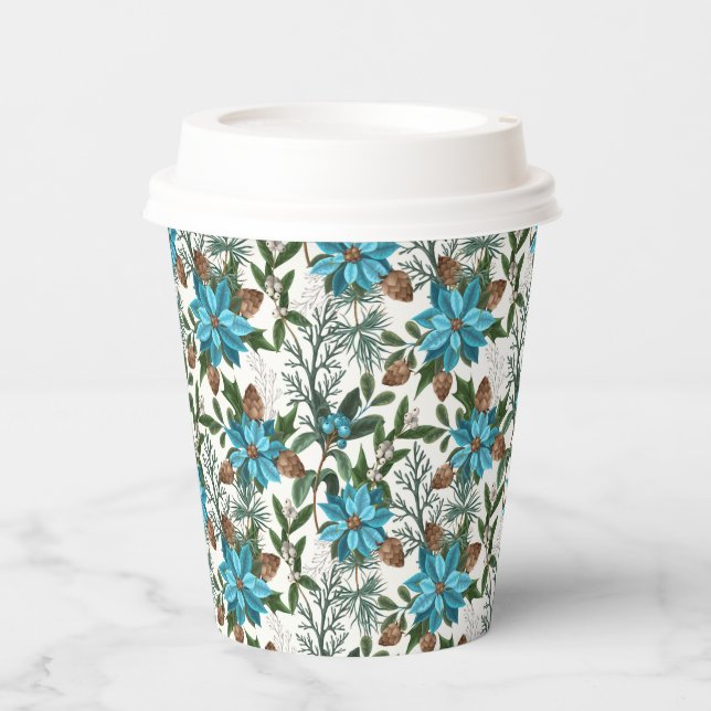 Blue Poinsettia's and Pines Paper Cups (Front)