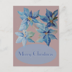 Blue Poinsettias on Dusty Pink Background Holiday Postcard