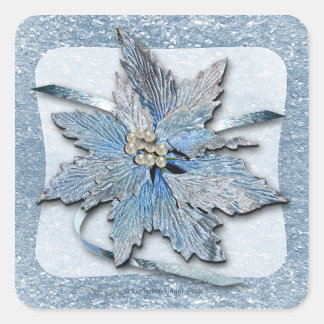 Blue Poinsettias on Silver Square Sticker