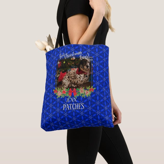 Blue Poinsettias Pet Photo Best Christmas Ever Tote Bag (Close Up)