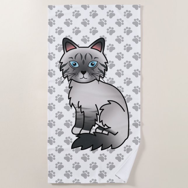 Blue Point Tabby Birman / Ragdoll Cute Cat & Paws Beach Towel (Front)