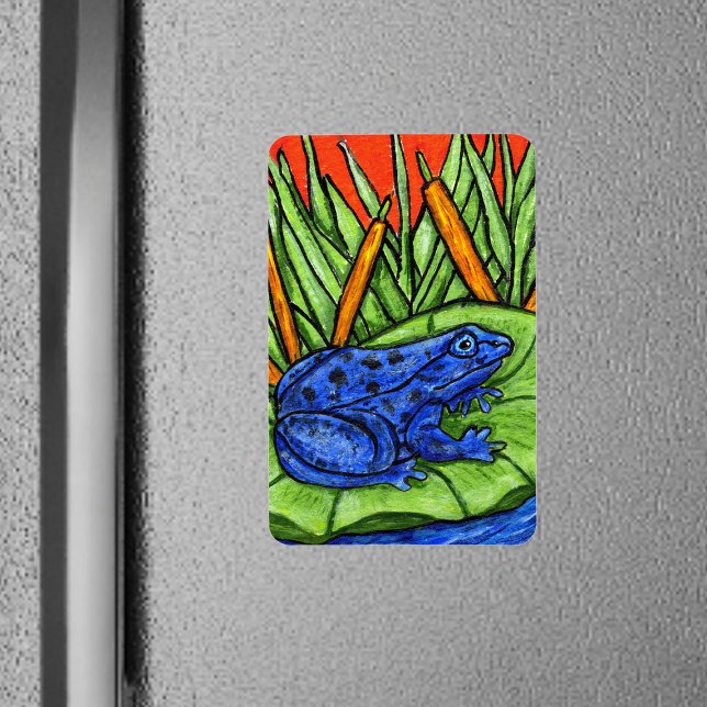 Blue Poison Vibrant Frog Magnet (Vibrant blue poison frog on lily pad tall grass with reeds on rectangle magnet.)