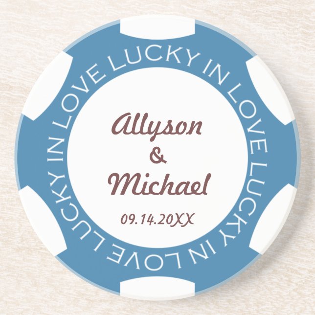 Blue poker chip lucky in love wedding anniversary coaster (Front)
