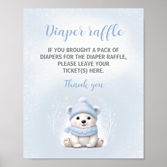 Blue Polar Bear Baby Shower Diaper Raffle Sign (Front)