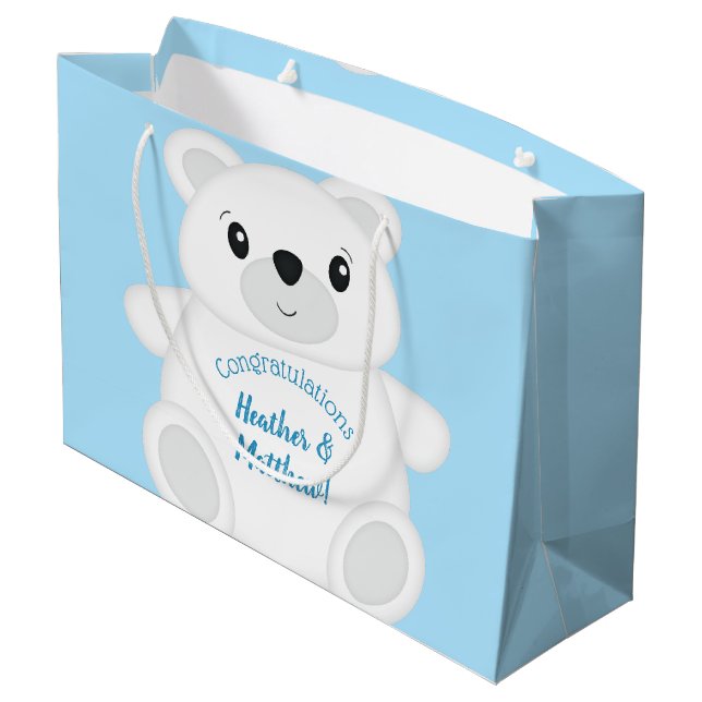 Blue Polar Bear Baby Shower Large Gift Bag (Back Angled)