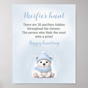 Blue Polar Bear Baby Shower Pacifier Hunt Game Poster