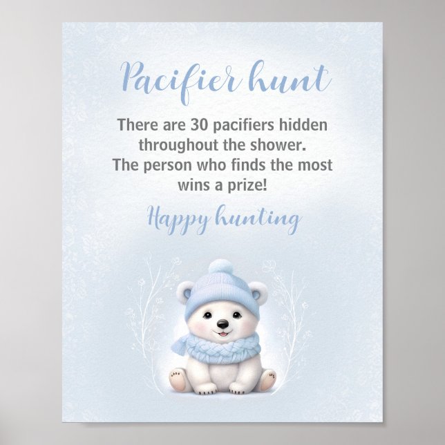 Blue Polar Bear Baby Shower Pacifier Hunt Game Poster (Front)