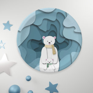 Blue Polar Bear Mum and Baby in Cave Party Paper Plate