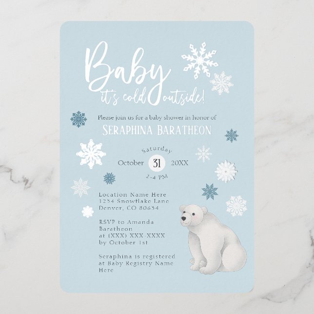 Blue Polar Bear Silver Foil Snowflake Baby Shower (Front)