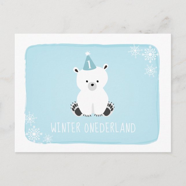 Blue Polar Bear Winter Onederland First Birthday Invitation Postcard (Front)