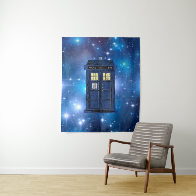 Blue Police Public Call Box - UK Time Travel 1 Tapestry (In Situ)