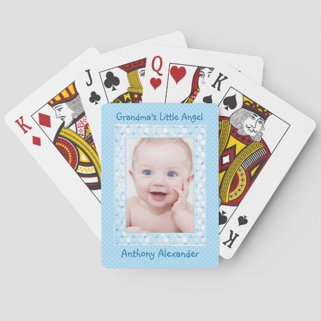Blue Polka Dot Baby Boy Photo Template Playing Cards (Back)