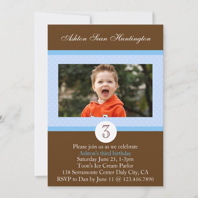 Blue Polka Dot Birthday Photo Invite (Front)