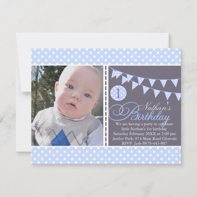 Blue Polka Dot Bunting First Birthday Invite (Front)