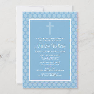 Blue Polka Dot Cross Boy Baptism Christening Invitation