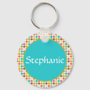 Blue Polka Dot Customisable Name Button Keychain