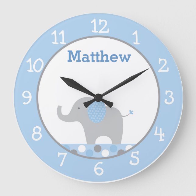 Blue Polka Dot Elephant Nursery Large Clock (Front)