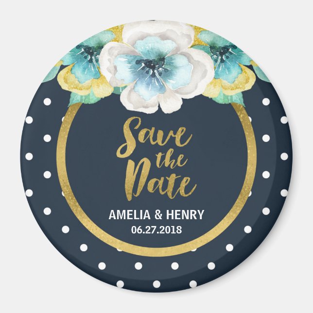 Blue Polka Dot, Faux Gold Floral Save the Date Magnet (Front)