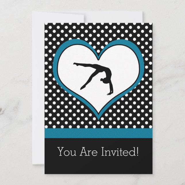 Blue Polka-Dot Gymnastics with heart Invitation (Front)