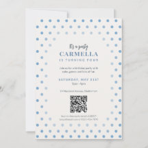 Blue Polka Dot Kid's Birthday Invitation With QR