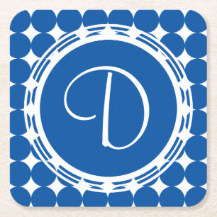 Blue Polka Dot Monogram Square Paper Coaster