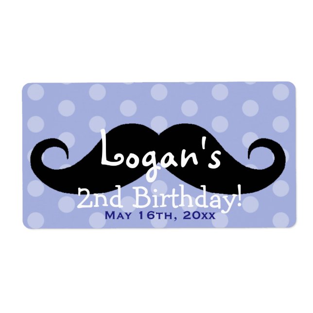Blue Polka Dot Moustache Birthday Water Bottle (Front)